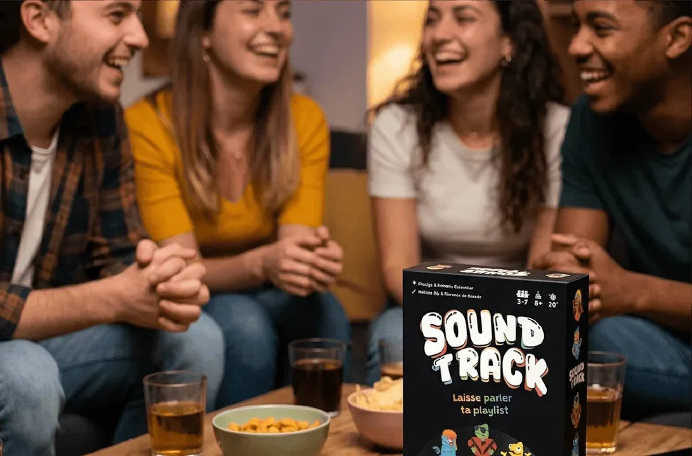 Une bande d'amis éclate de rire autour d'une partie de Soundtrack