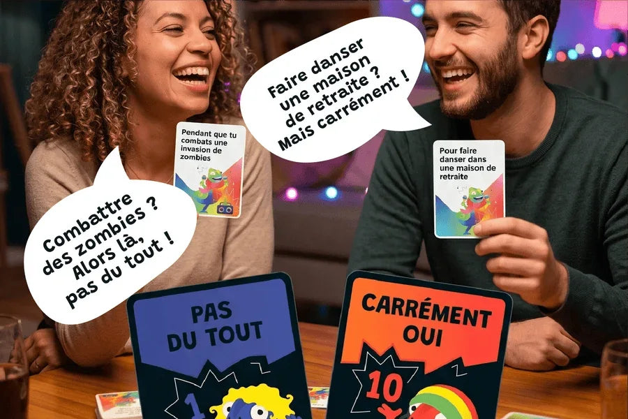 Deux joueurs posent leur carte Humeur : « Pas du tout » pour les zombies, « Carrément oui » pour la maison de retraite
